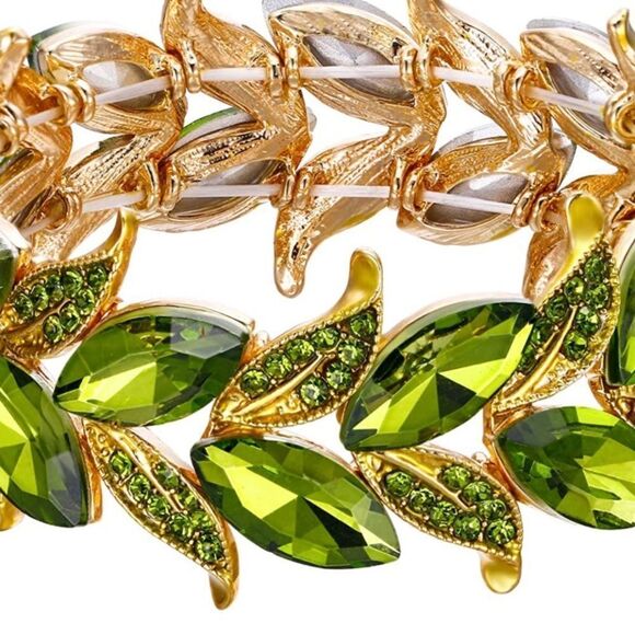 Yellow Gold and Green Peridot Austrian Crystal Leaf Stetchable Bracelet Bangle - Picture 2 of 5